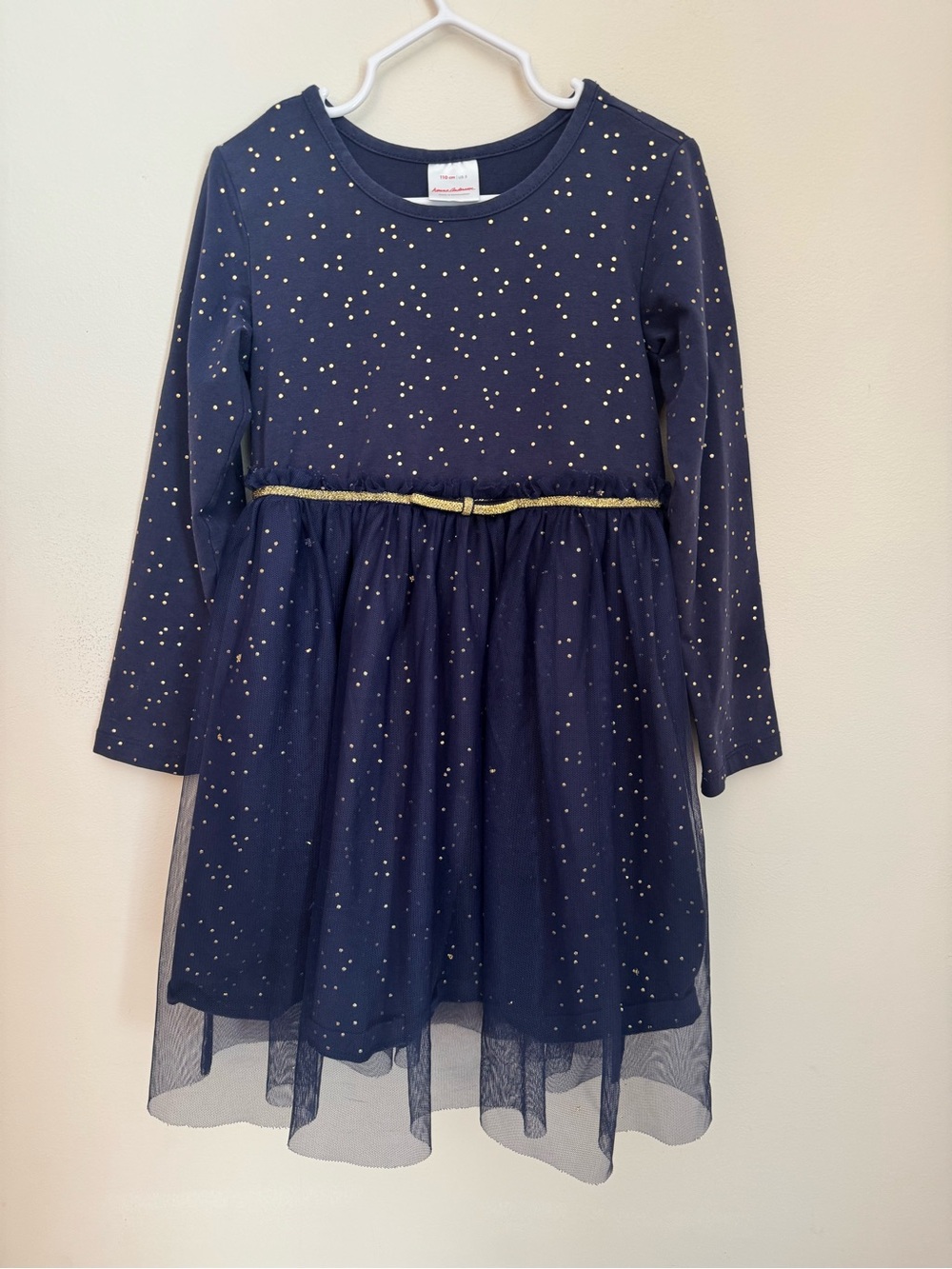Hanna Andersson Shimmer Star Tulle Dress Girls Size 5 Navy Blue Gold Sparkle